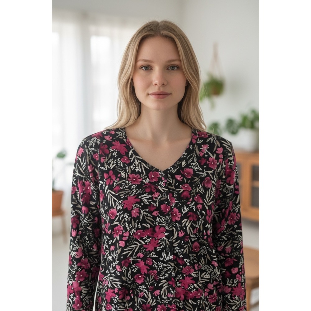 Karen Scott Womens XL Floral Jersey Cardigan Pink Black Button Front 100020221MS